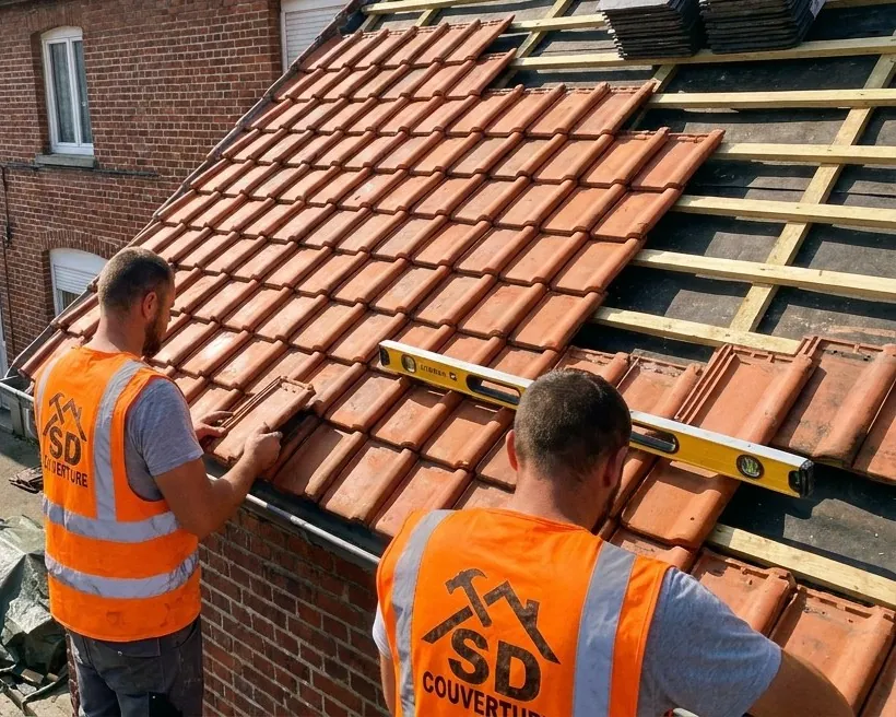 Deux couvreurs SD Couverture en gilets orange posent des tuiles en rive sur une maison en briques près de Seclin